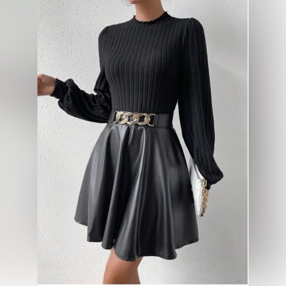 Black Vegan Mock Neck Lantern Sleeve  Dress Without Belt - Picture 4 of 5